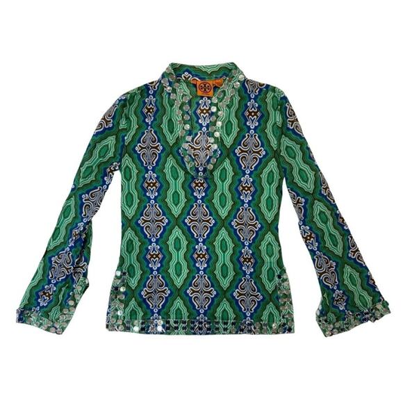 Tory Burch Stephanie Mirror Embellished Tunic Top Boho Long Sleeve 0 - Picture 1 of 7